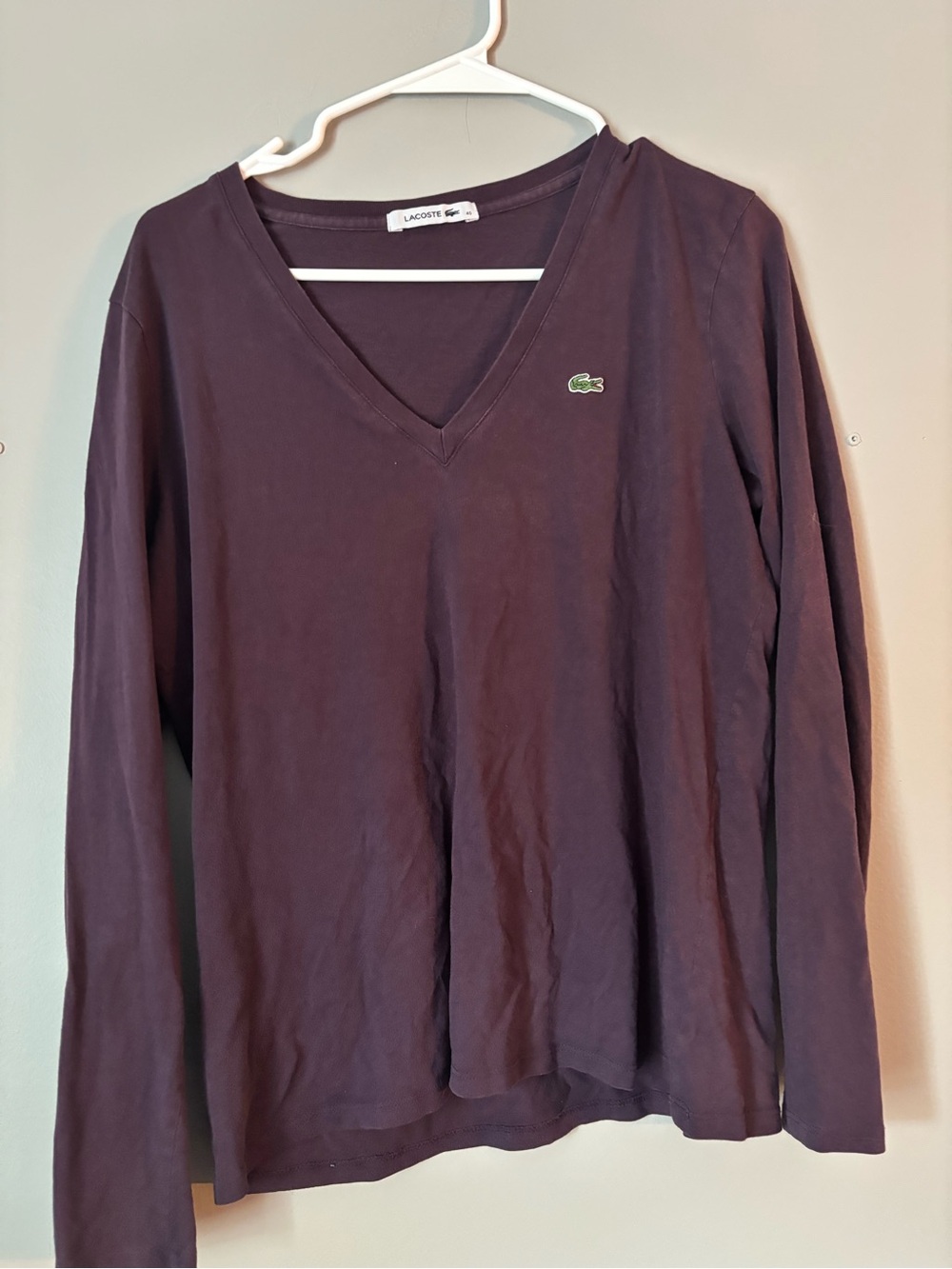 Lacoste Women's Long Sleeve V-Neck Top - Deep Plum with Green Crocodile